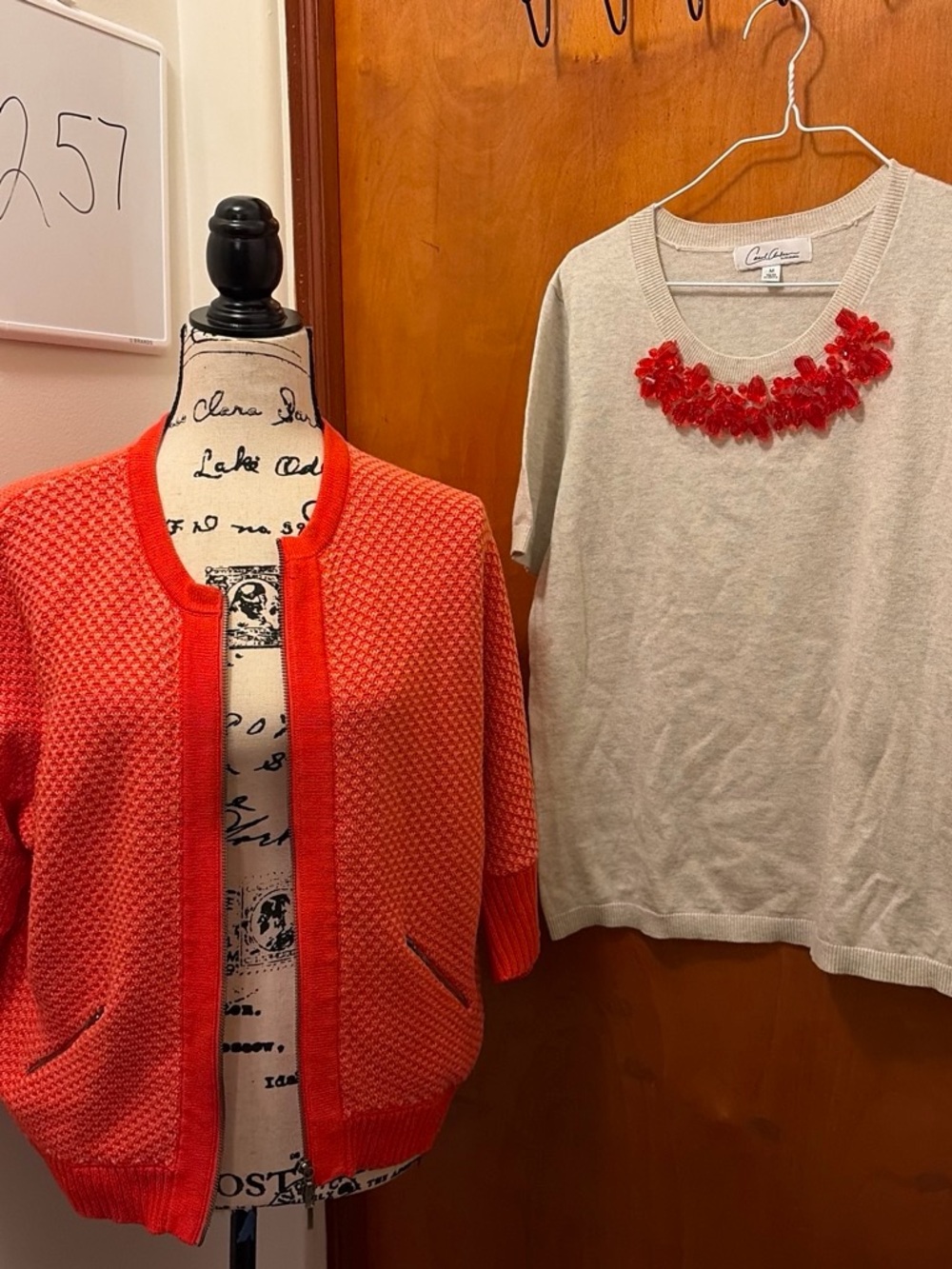 CAbi Cream Short-Sleeve Sweater with Red Bead Accent and Coral Knit Cardigan